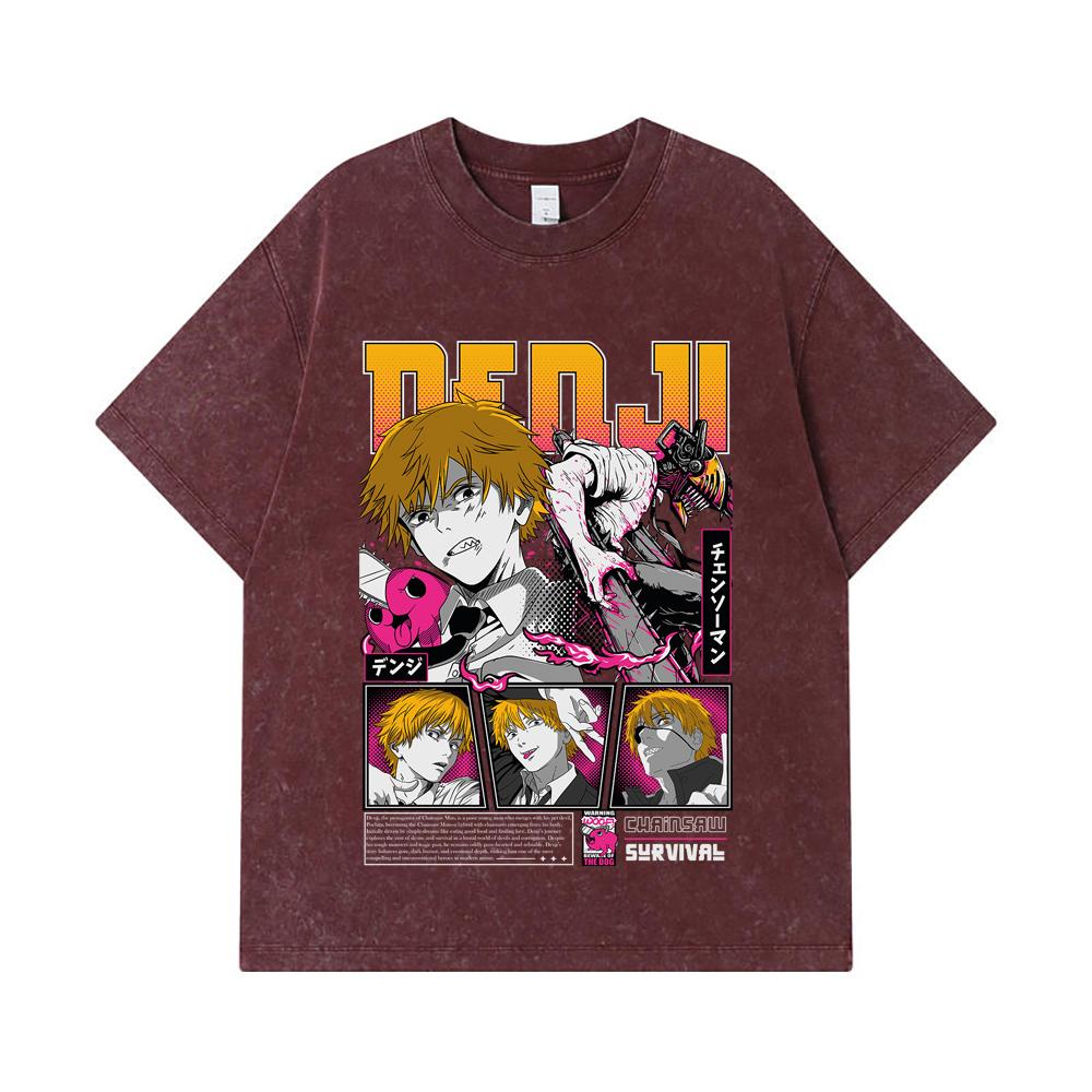 275 GSM Washed T-shirts 100% Cotton Chainsaw Man V35 Denji Pochita Print Unisex Heavy Cotton T Shirt