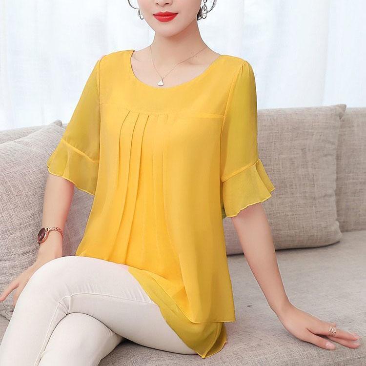 Chiffon Shirt Women Summer Large T-shirt Short Sleeve Solid Loose Top Casual Oversized T-shirt Korean Fashion Clothes for Women Shirts and Blouses
