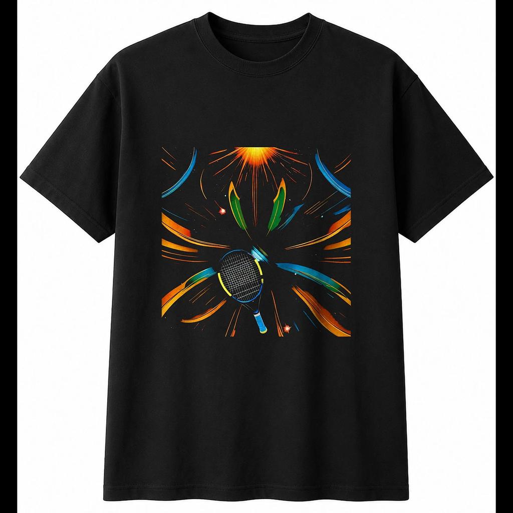 Tennis Racket Sunbeams Retro Mens T-Shirt Black 100% Cotton Motoring Printed