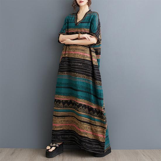 Хлопково-льняное платье макси большого размера для женщин, свободное, с V-образным вырезом и короткими рукавами