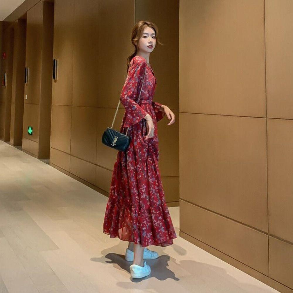 Платье с оборками и цветочным принтом, платье-рубашка с V-образным вырезом, платье из мягкого шифонового платья в стиле бохо для женщин