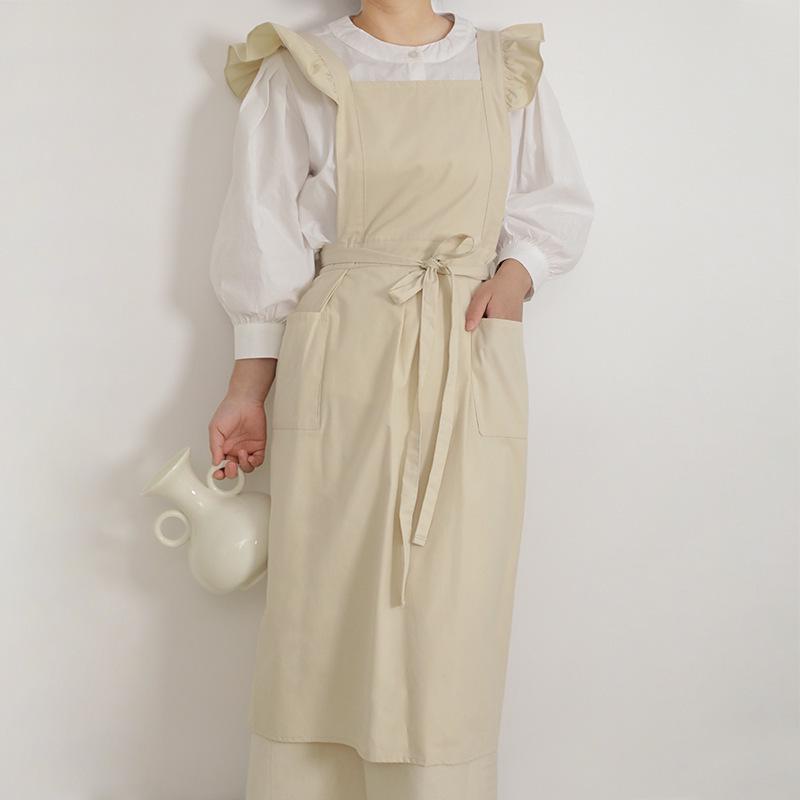 Ruffled Shoulder Strap Apron - Breathable Cotton Linen, Water Repellent for Household Chores & Baking