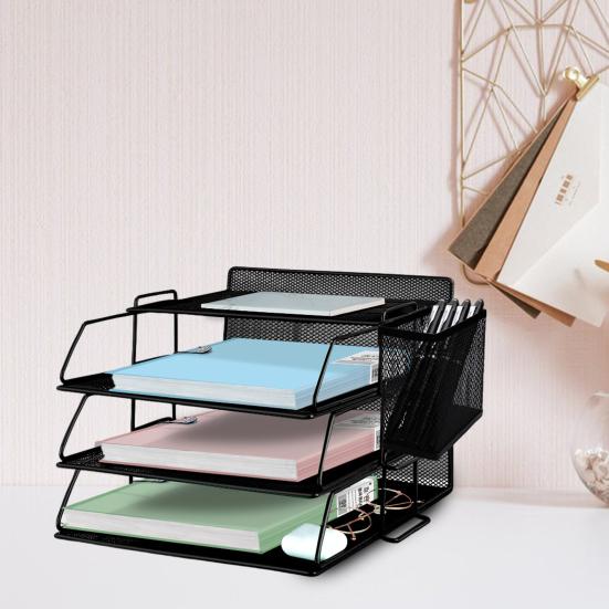 4-х уровневая офисная стойка для хранения с держателем для ручек, металлическая сетка, настольный органайзер, подставка для файлов, папка