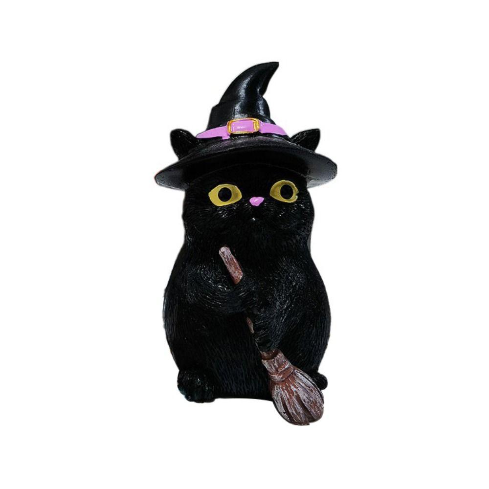 Resin Flying Broom Cat Small Broomstick Cat Creative Black Cat Witch Statue  Garden