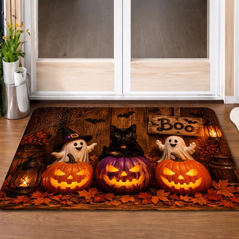 Holiday Non‑Slip Doormat, Boo Sign Black Cat Ghost Pumpkin Rug, Decor Entry Mat for Indoor Outdoor Front Door Porch Household