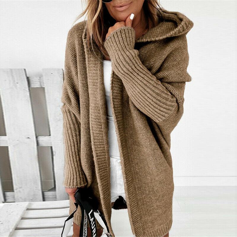 Толстый кардиган средней длины, женский свободный свитер с рукавами «летучая мышь», куртка с капюшоном