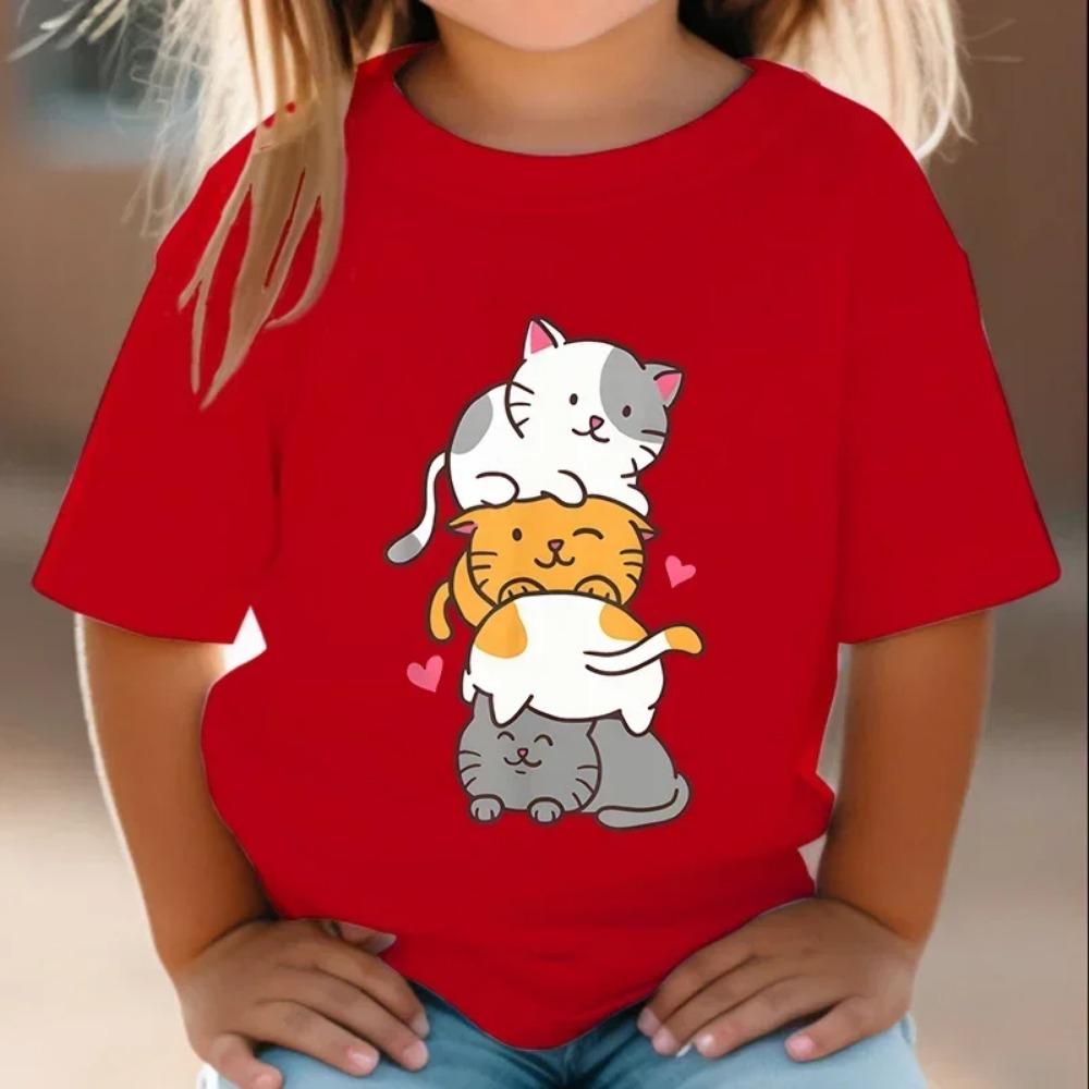 Top Cute Cat Graphic 3-12 Year Kids Tshirts Summer Short Sleeve Tees Cartoon Animal Boys Girls Clothes  Y2K  T-shirt