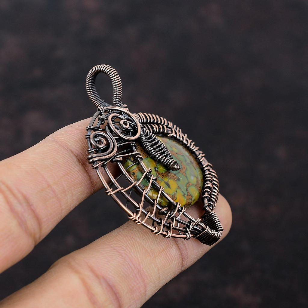 Подвеска из фруктовой яшмы, обернутая медной проволокой, кулон из меди, ювелирное изделие ручной работы, подвеска из драгоценных камней, обернутая проволокой, ювелирное изделие из фруктовой яшмы, подарок на помолвку