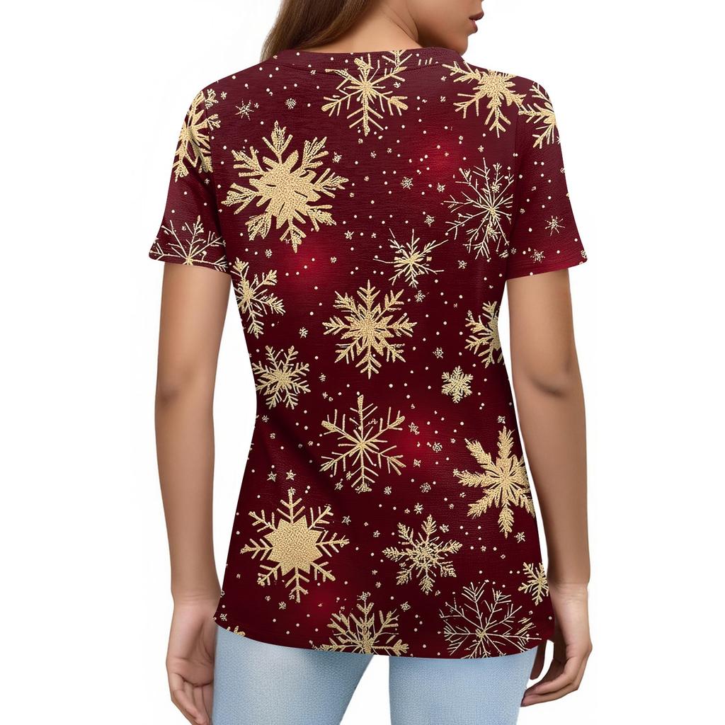 Women's Fashionable Casual Short Sleeve Christmas Print Round Neck Pullover Top