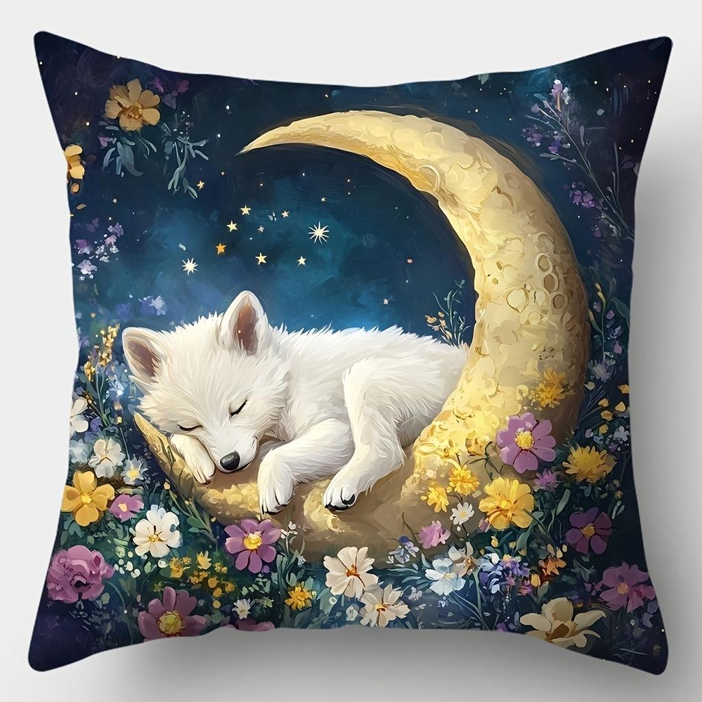 Sleepy Puppy & Moonlit Floral PillowcaseLiving Room Sofa Cushion Cover, Soft and Comfortable, Bedroom Room Decoration