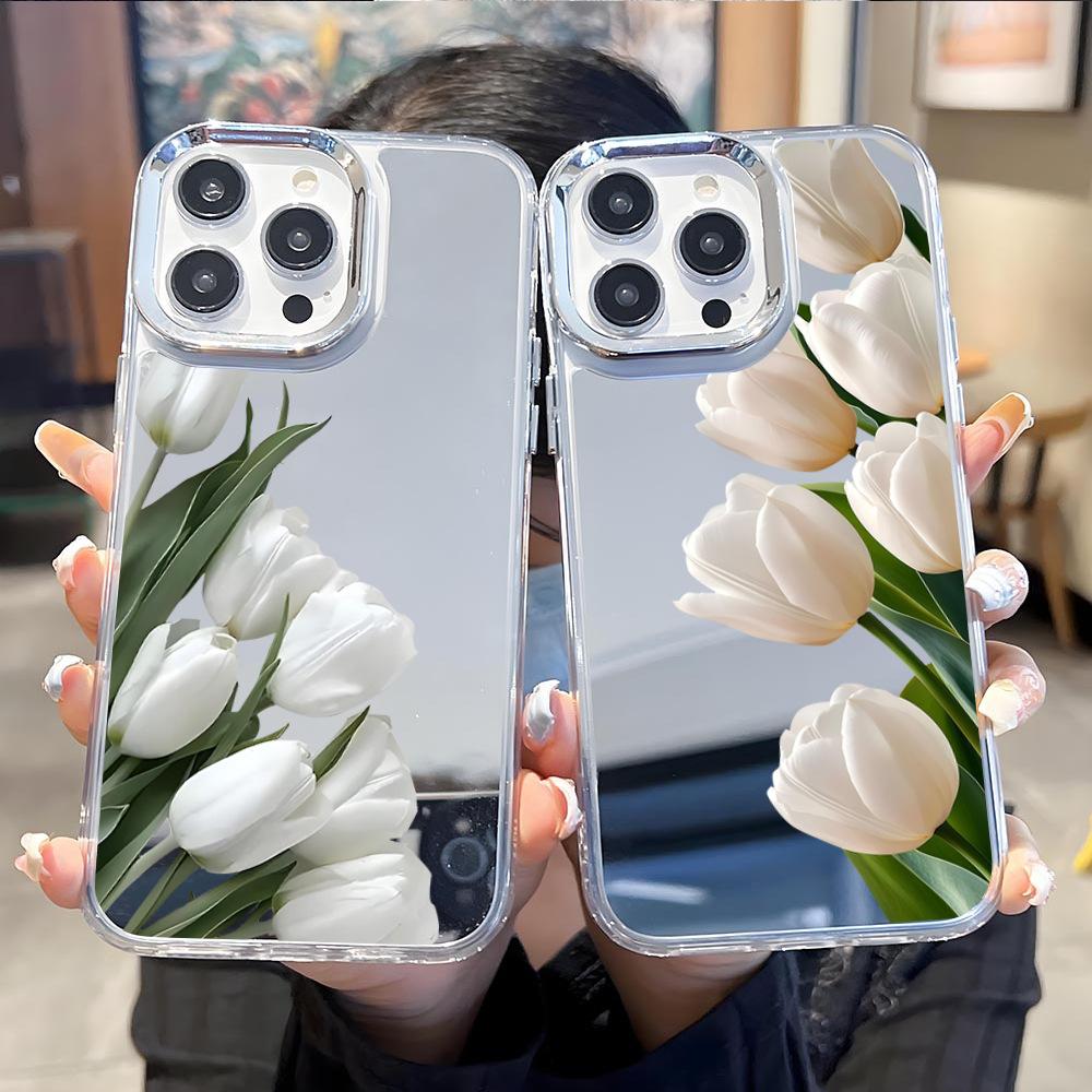Ins ветер тюльпан цветок подходит для iphone15 премиум зеркальный чехол для мобильного телефона 17pro женское зеркало для макияжа