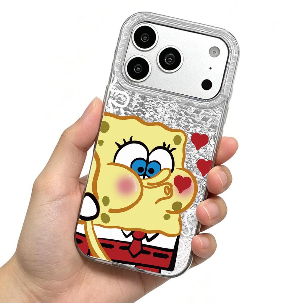 Чехол Губка Боб и Дом-Ананас для iphone 18 Pro Max 16 Plus 15 17 Pro 14 XS Max 12 13 XR Air 11 Серебристый Блеск Трескающийся Фон