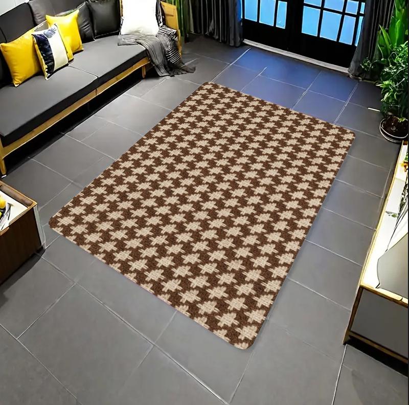 Brown White Thick Fuzzy Houndstooth Plaid Area Rug, Classic Non-Slip Floor Mat for Living Room Farmhouse Decor