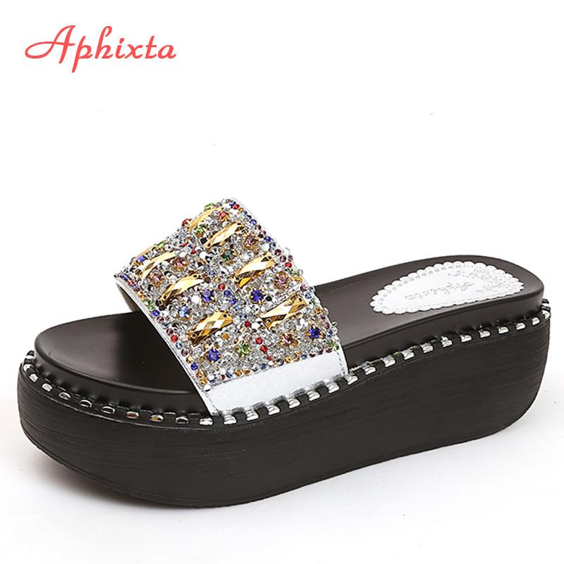 Aphixta Platform Rhinestone Sandals Slides Women Gemstone Slides Women Shoes Wedge Slippers String Bead Beach Slides Shoes