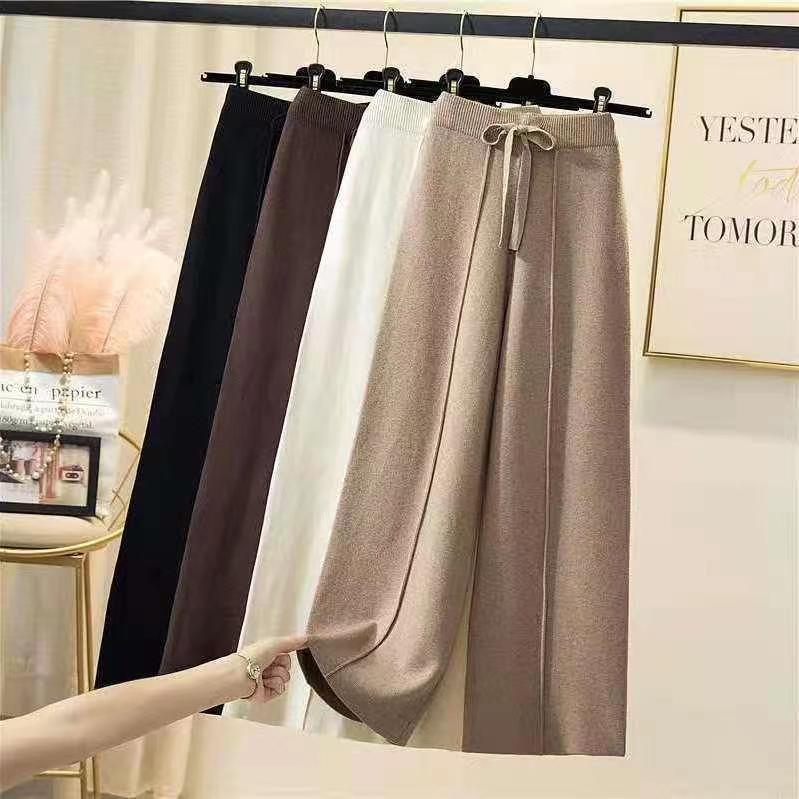 Knitted Pants Women Spring and Autumn High Waist Elastic Drape Drawstring Loose Casual Mopping Pants Straight Wide Leg Pants
