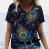 Fashion V-neck Women T-Shirt 3D Peacock Feather Graphic Short Sleeve Tees Oversized Y2k Tops Summer Street Casual Female T Shirt