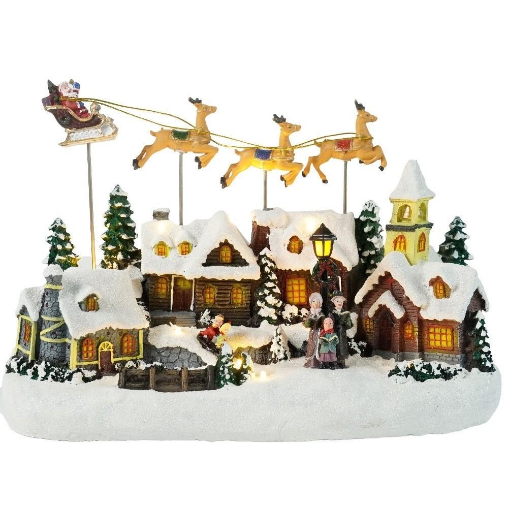 Resin Christmas Glowing Village 3-Elk Reindeer with Music Christmas Flying Reindeer Gift LED Lighted Xmas Festival Craft Decor