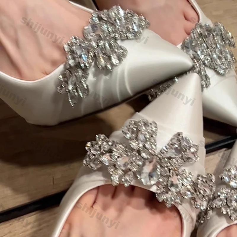 Women's Diamond High Heels 2026 Spring Sexy French Style Pointed Toe Slim Heels Female Pointy Comfortable Elegant Wedding Shoes