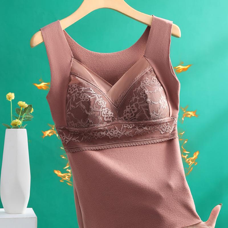 Women's Autumn and Winter Lace Velvet Thermal Vest Women's Embroidered Fixed One-Cup Slim Bottoming Thickened Thermal Underwear