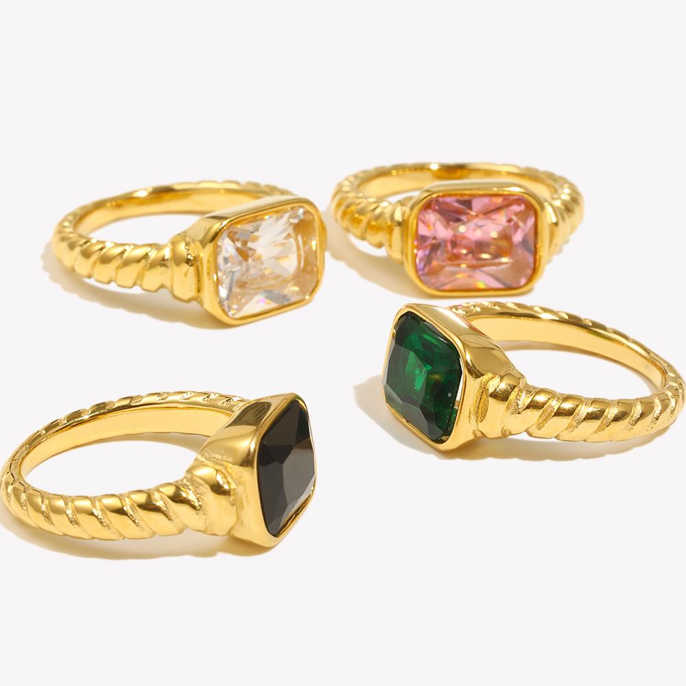 E.B.belle Christmas Jewelry Luxury Texture Engraved Side Rectangle 3A Zircon Stone Rings For Women Stainless Steel Gold Gem Ring