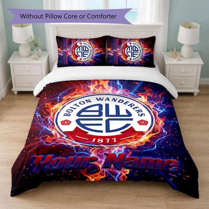 Bolton Wanderers FC Custom Name Text Bedding Set 1 Duvet Cover+2 Pillowcases Soccer Logo Personalized Gift For Special Occasion Bedroom Decor
