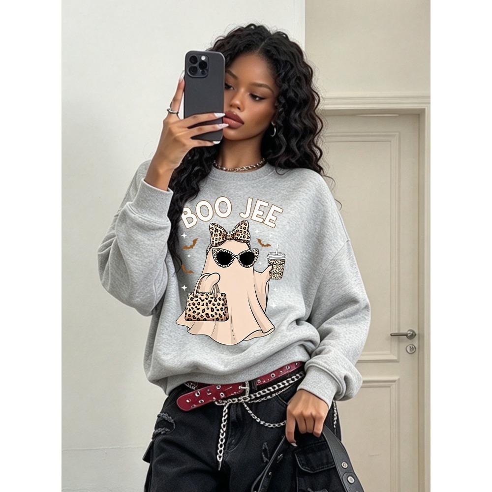 Women's BOO JEE Halloween Leopard Print Ghost Graphic Crewneck Sweatshirt Long Sleeve