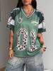 Women's Summer Going Out Streetwear Y2K Leopard Print Number Graphic Football Jersey V-Neck Green Jersey T-Shirt,Summer Top