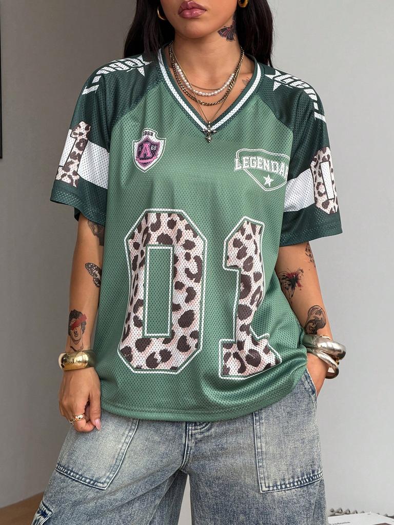 Women's Summer Going Out Streetwear Y2K Leopard Print Number Graphic Football Jersey V-Neck Green Jersey T-Shirt,Summer Top