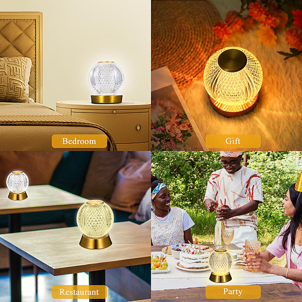 Хрустальная металлическая прикроватная лампа Беспроводная настольная лампа Настольная лампа с сенсорным управлением 3 цвета света