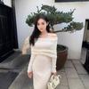 Нежный ветер белый мягкий восковой свитер с открытым плечом юбка осень и зима новый темперамент облегающий с открытыми плечами базовое вязаное платье
