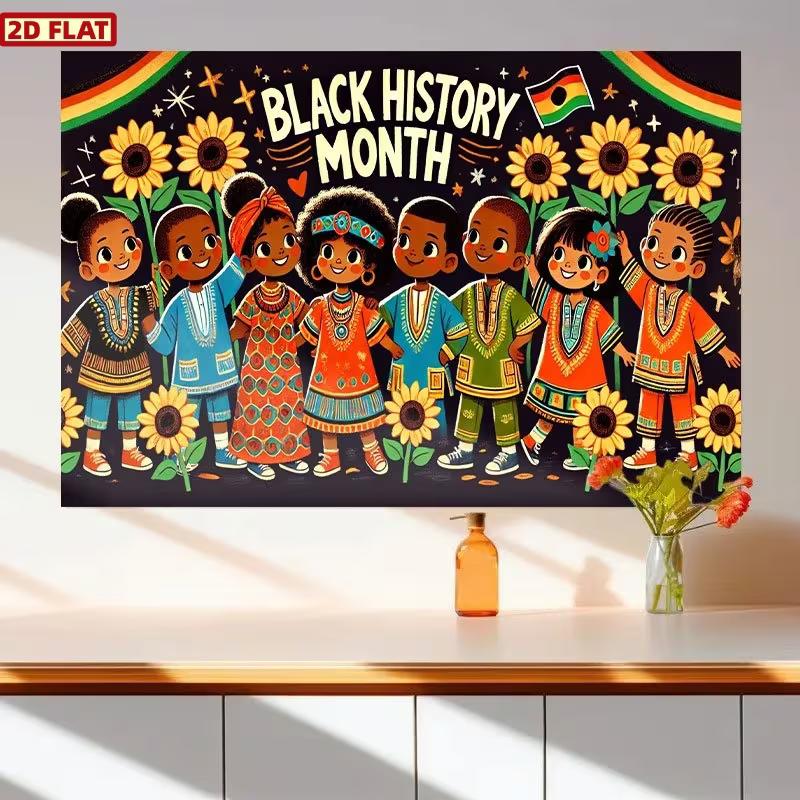 Black History Month Backdrop, African American Kids with Sunflowers and Traditional Clothes for Party Decoration