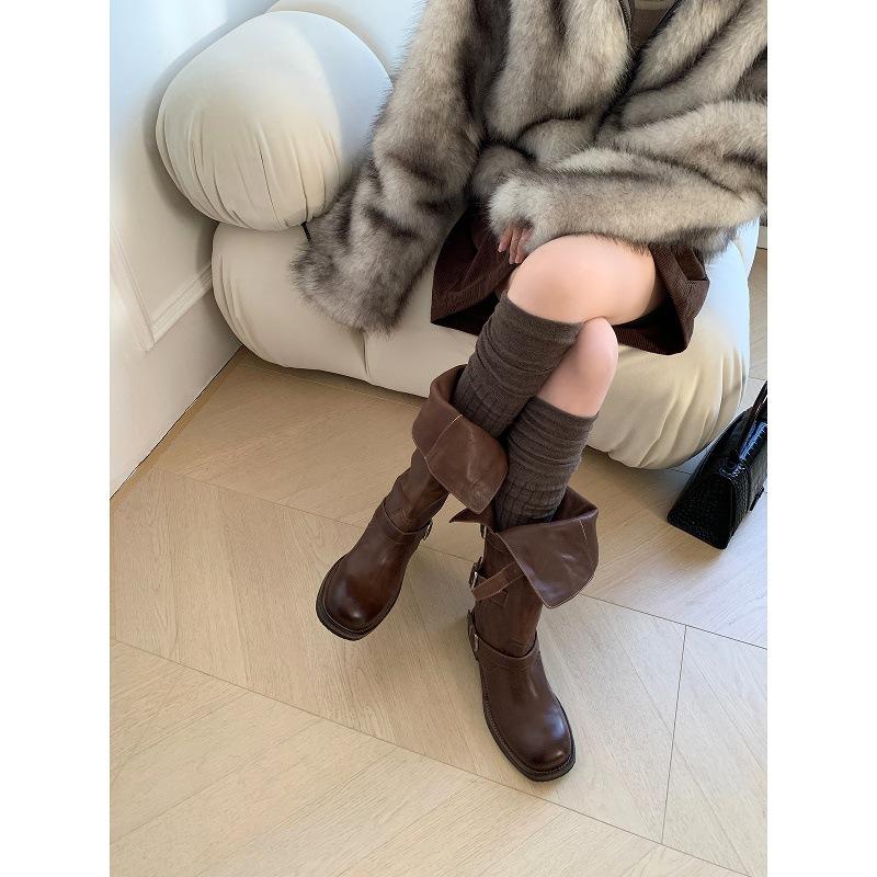 Версия из коровьей кожи~ Ретро длинные сапоги женские толстый каблук пряжка ремня высокие черные сапоги универсальные кожаные плиссированные сапоги-трубы для брюк