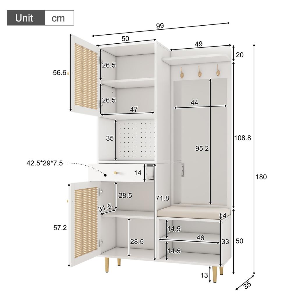 Hallway Set with Shoe Bench, Mirror, Hooks & Shoe Cabinet – with 2 Rattan Doors, 1 Drawer, Open Shoe Rack & Pegboard, Legs, Entryway, 99x35x180 cm