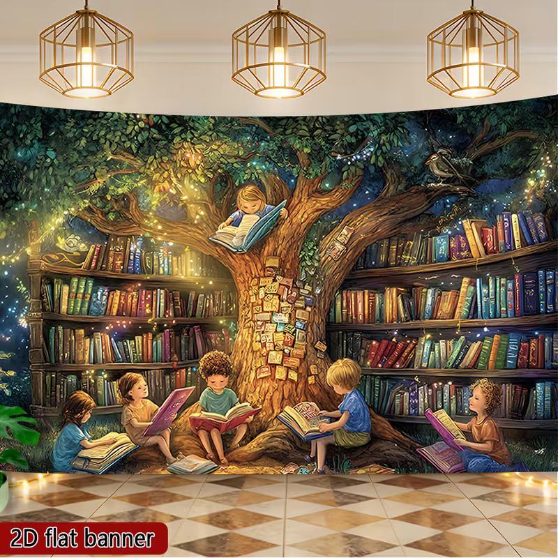 2D Волшебное Дерево-Книга Гобелен, Дети Читают на Фоне Дерева-Книжной Полки со Светящимися Книгами для Дня Рождения