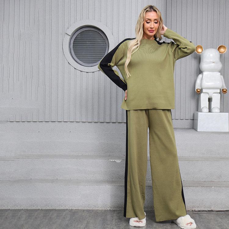 Осенне-зимний женский повседневный вязаный свитер, брюки, комплект из двух предметов, пуловер с длинным рукавом и брюки с широкими штанинами, спортивный костюм