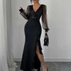 Sexy Bodycon Maxi Dress for Women V Neck Long Sleeve Mesh Sequin Dress Ruffle Side Split Wedding Guest Cocktail Party Dress