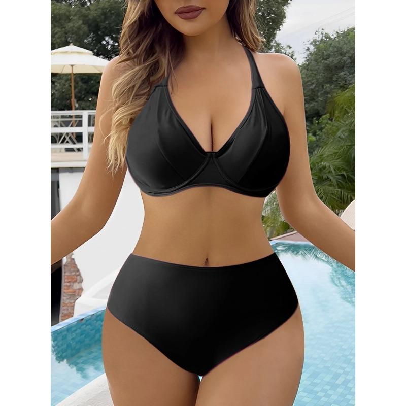 2025 Push Up Halter String Solid Two Piece Bikini Women Swimwear Female Swimsuit Bathers Bathing Swimming Suit Beachwear Summer