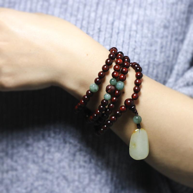 Indian small-leaf rosewood bracelet108Buddhist prayer beads, vintage woven jewelry, women's bracelet, Hetian jade pendant