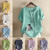 Women's Fashion Penguin Prined Round Neck Short Sleeve T-shirt Casual Cotton Linen Graphic Shirt Leisure Loose Summer Blouse Tops