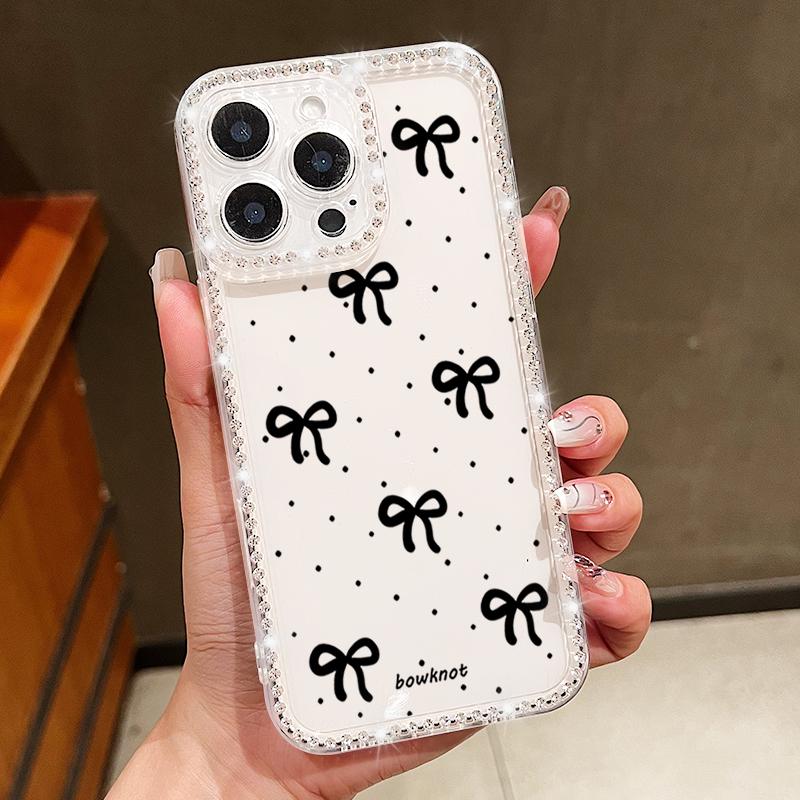 Bowknot Pattern Clear Silicone Phone Case For iPhone 16E 16 Pro Max 15 Pro 14 13 12 11 Diamond Frame Shockproof Soft Bumper Cover