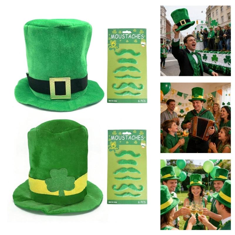 Green Irish Festival Hat with 6 Artificial Moustaches Beards Patricks Day Cosplay Hat for Men Women Festival Celebration
