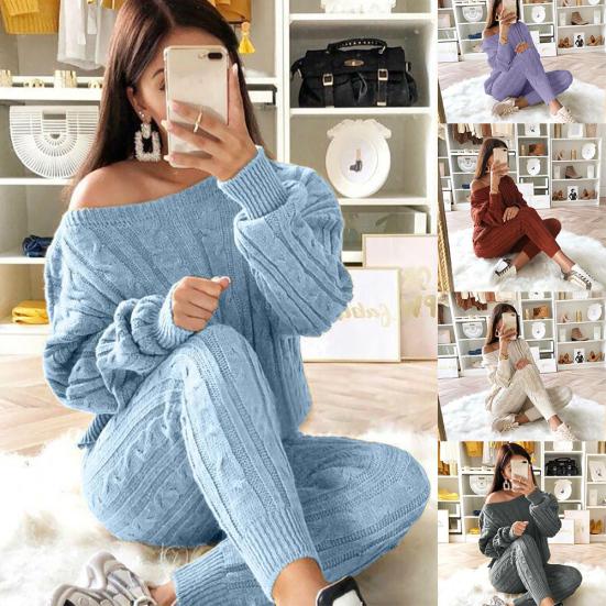 Женский комплект из двух предметов, вязаный наряд, свитер, джемпер, брюки, брюки