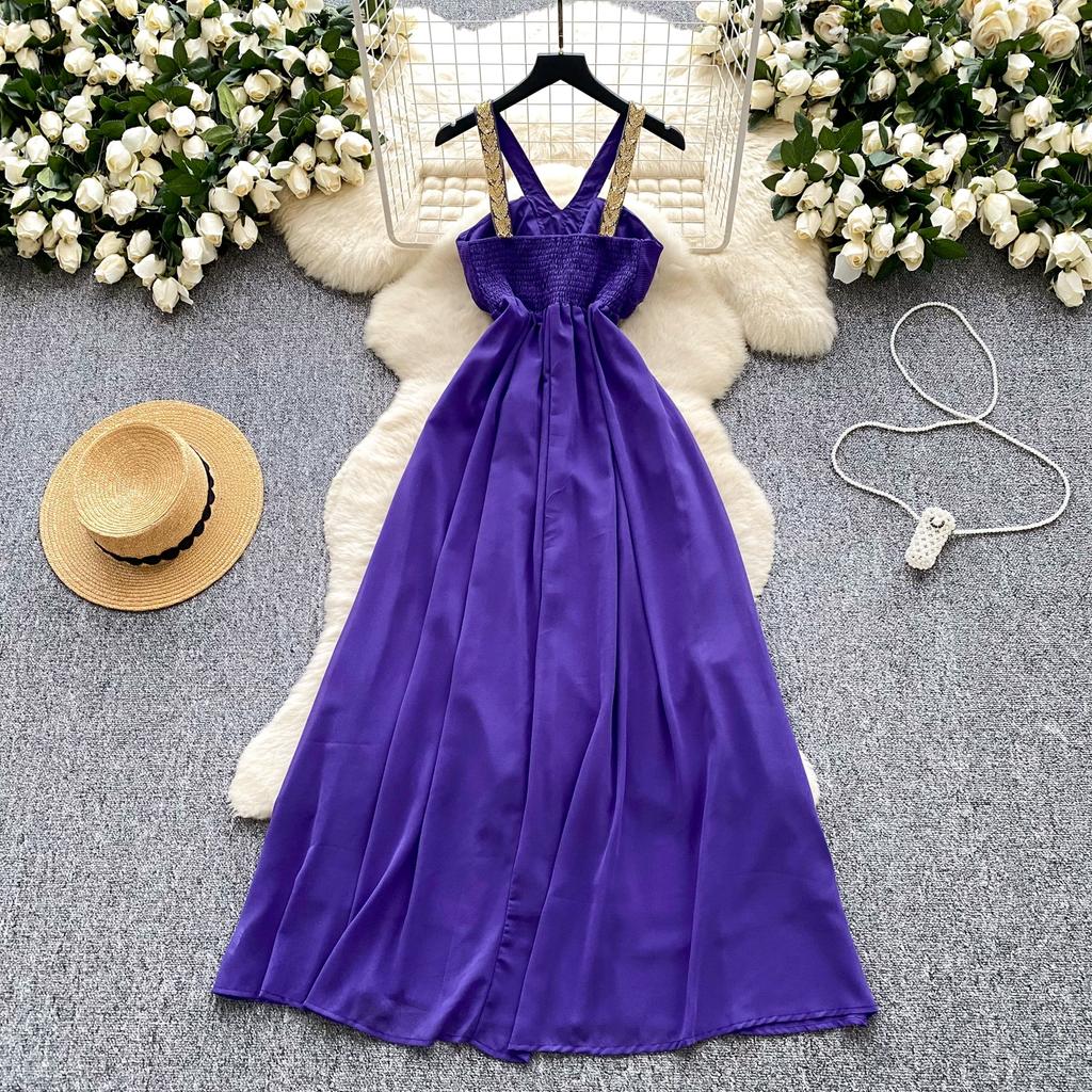 Summer Women Sexy Purple Strapless Open Back Sequined Beading Long Midi Holiday Beach Dress