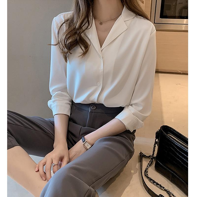 Белая рубашка, женская свободная шифоновая рубашка, рубашка на пуговицах с длинными рукавами, блузка, женская рубашка с отложным воротником, OL стиль, Blusas Ropa De Mujer