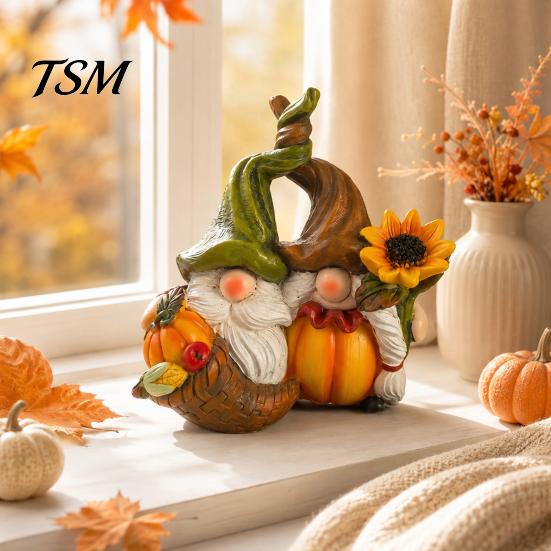 Indoor Tabletop Harvest Display Fall Gnome Ornament, Resin Autumn Figurines with Pumpkin And Sunflower Ornaments Decor for Thanksgiving Halloween,