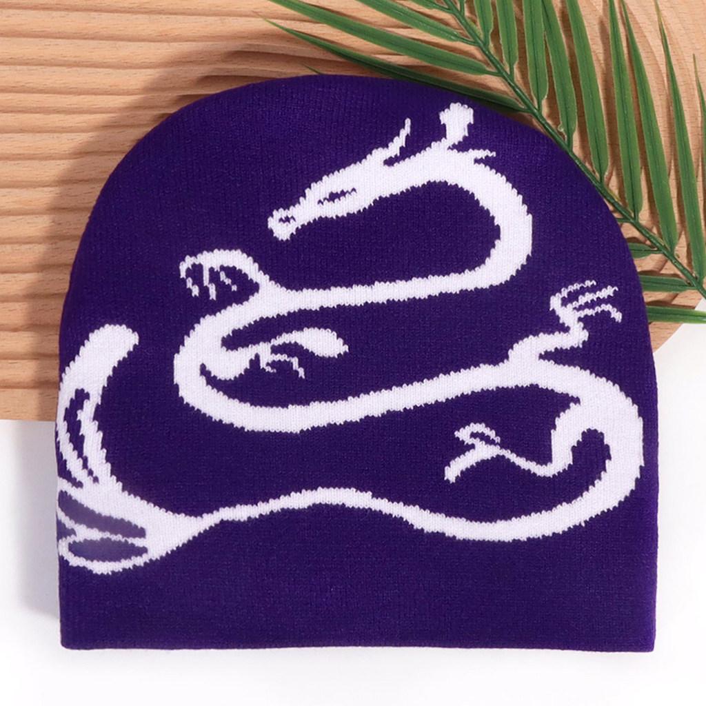 Street Style Knitted Cap With Dragon Animal Pattern For Cold Seasons