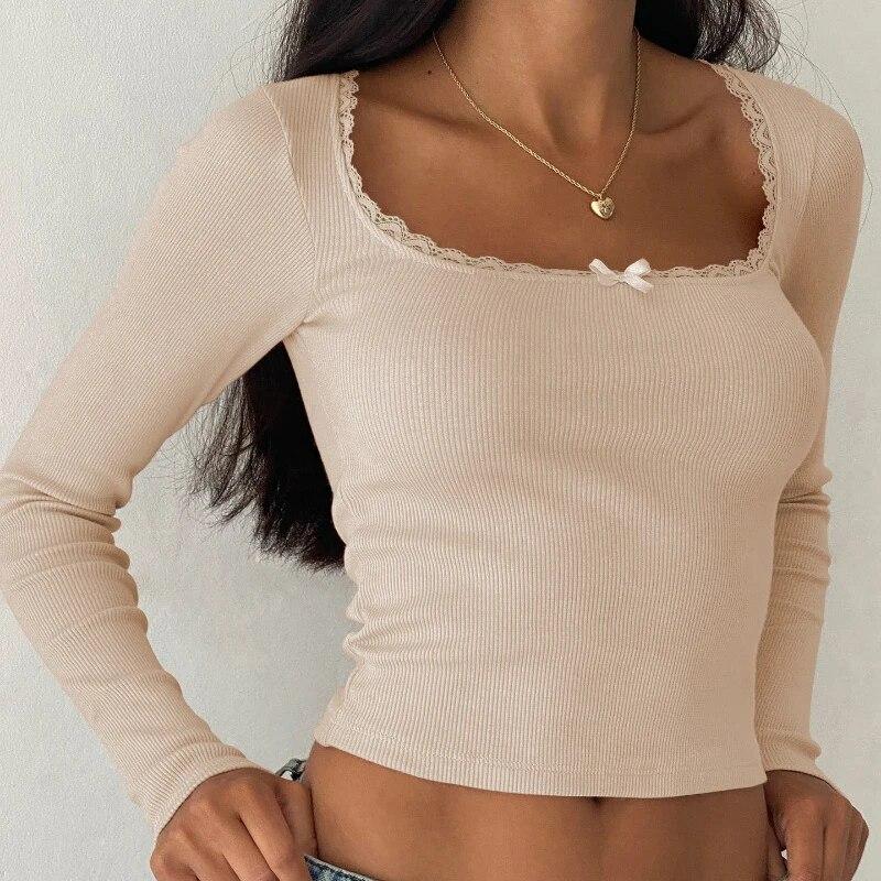 Casual Y2K Lace Square Collar Sexy Knitted T-shirt Women Bottoming Long Sleeve Tshirt Woman Slim Fit Soild Lady Tees Tops 30600
