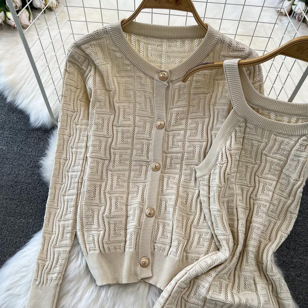 Весенне-осенний брендовый дизайнерский наряд для подиума, женский вязаный свитер, платье-футляр миди и однобортный пиджак, пальто, комплект из двух предметов