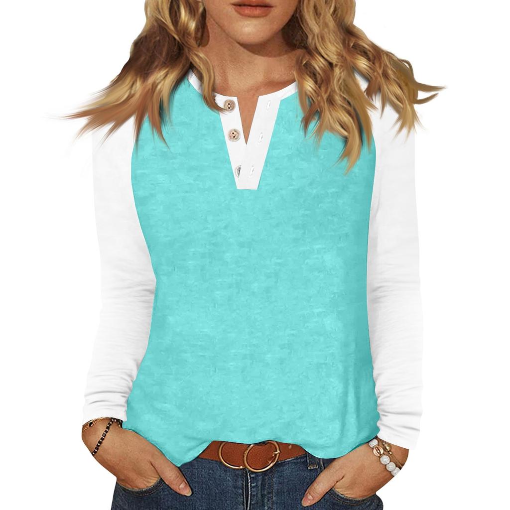 Женская футболка колор-блок на пуговицах с длинным рукавом, повседневная, для выходных, модная, базовая, с V-образным вырезом, обычная