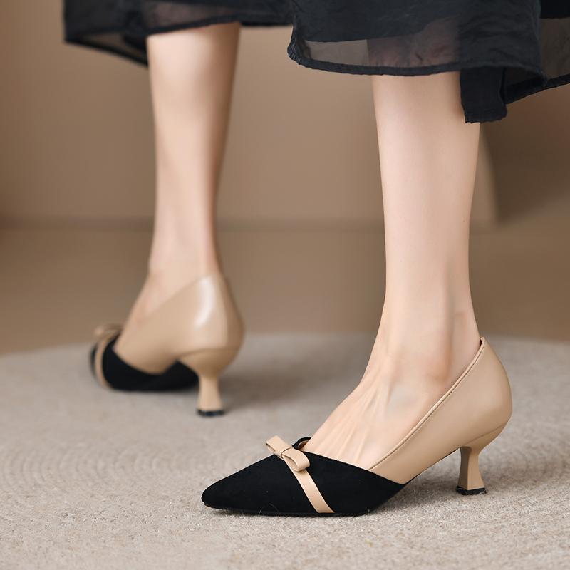 Мода 2024 Весна Новые Элегантные Темпераментные Цветовые Сочетания Бантом Женские Туфли Средний Каблук Острый Носок Неглубокий Вырез Одиночные Туфли Женские